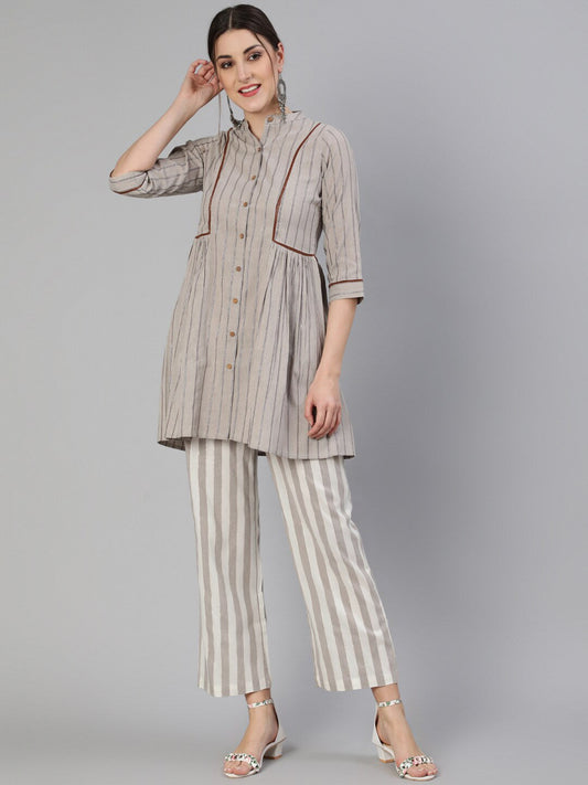Jaipur Kurti Women Grey Striped Co-Ords - Swadesiicart