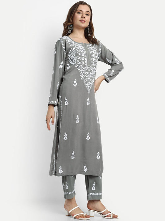 ADA Ethnic Motifs Embroidered Lucknowi Chikankari Kurta with Trousers | Swadesiicart
