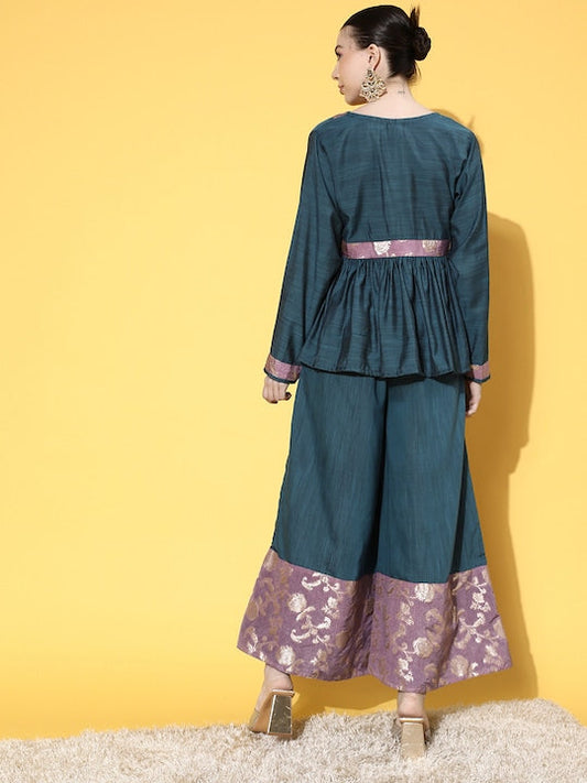 InWeave Women's Teal Mauve Brocade Mughal Shaan Kurta Palazzo Set - Swadesiicart