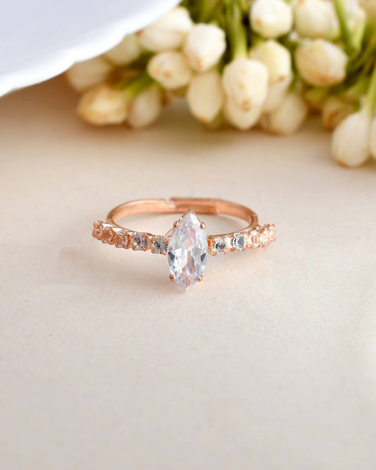 VOJ white CZ-detail Stainless Steel Cubic Zirconia Gold-Polished adjustable finger Ring | Swadesiicart