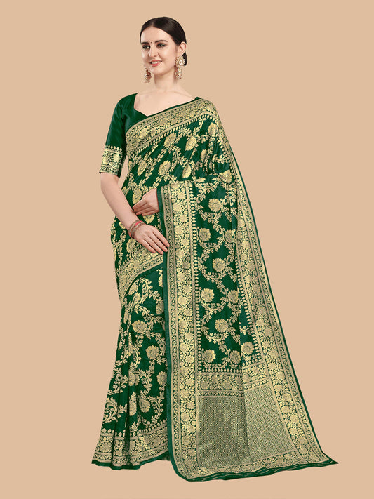 Kalini Green & Gold-Toned Woven Design Silk Blend Banarasi Saree | Swadesiicart