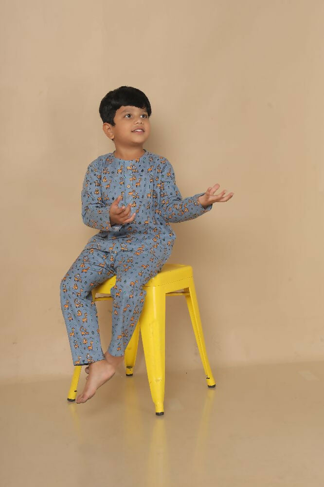 Breathables Kids Cotton Giraffe Print Night Suit | Kurta & Pants Co-Ord Set | Full Sleeves | Boys & Girls Nightwear & Loungewear – Grey
