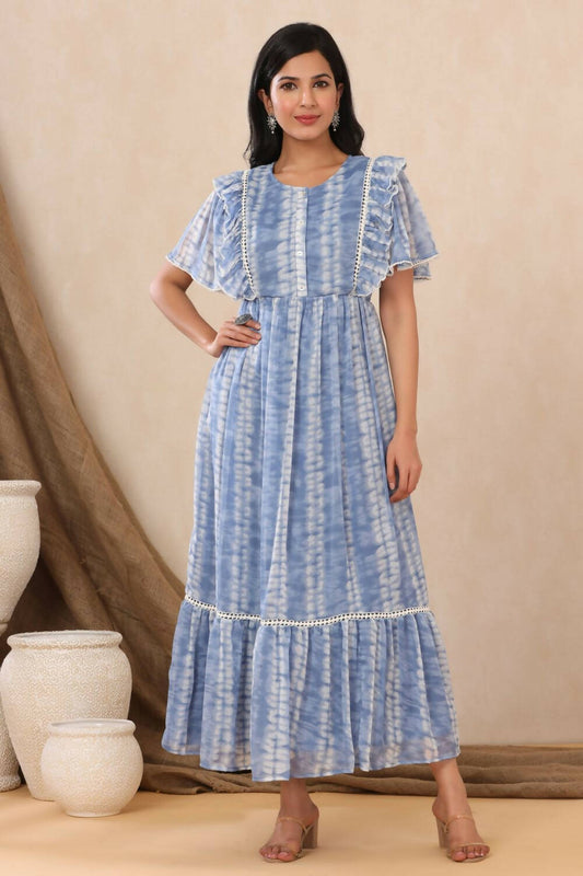 Juniper Womens Powderblue Chiffon Printed Tiered Dress | Swadesiicart