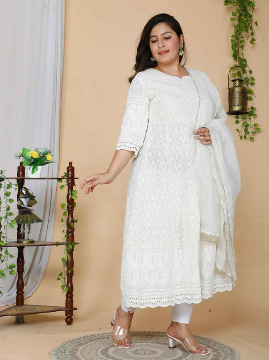 Miravan Women's Plus Size Beige Chikankari Thread Work Anarkali Kurta With Dupatta | Swadesiicart