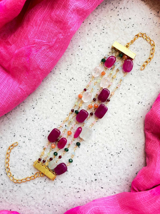 Joban Fashion Magenta Pink Brass Colourful Zade Stones Trendy Bracelet | Swadesiicart