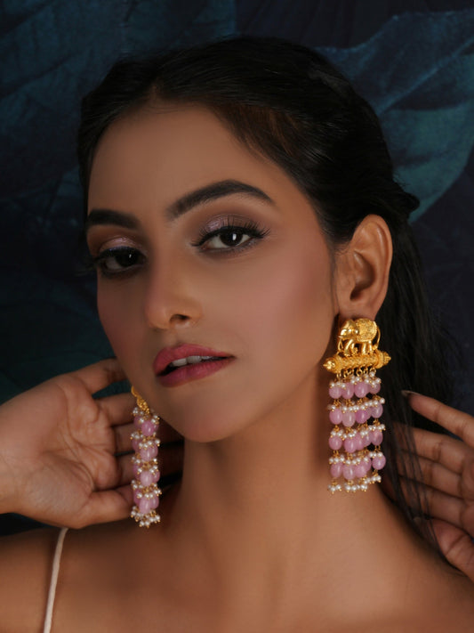 Long Layered Earrings with Elephant Motifs (Pink) - Ruby Raang - Ruby Raang Studio