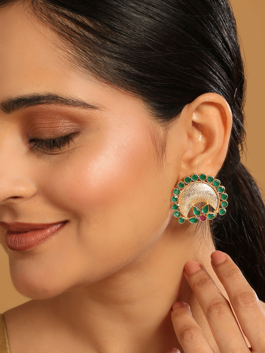 Nuyug 22K Gold Plated Faux Emerald Stone Studded Contemporary Shaped Studs