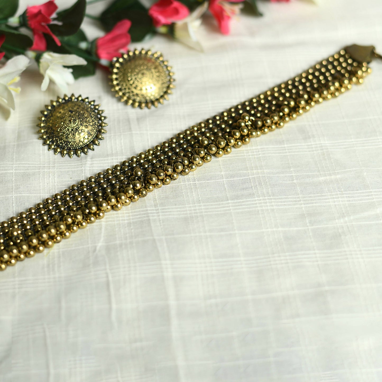 Mominos Fashion Johar Kamal Oxidised Gold-Polished Brass Finish Ghungroo Design Choker Set | Swadesiicart