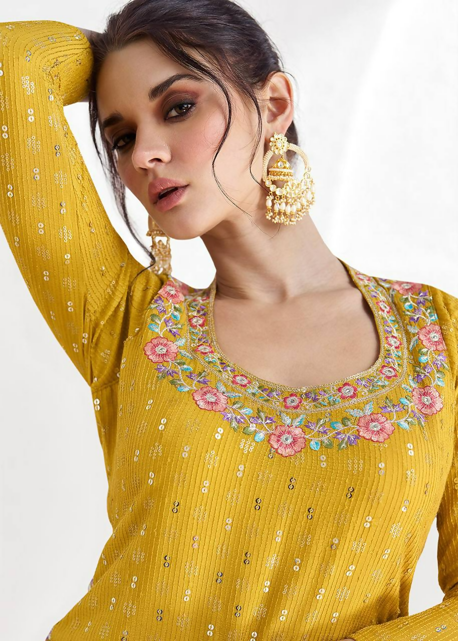Lorenvalley Fashion Yellow Chinon Embroidery with Sequince Work Salwar Lehenga Stitched | Swadesiicart
