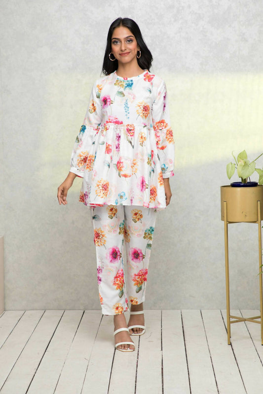 Myshka Women White Printed Romantic Florals Co-Ords - Swadesiicart