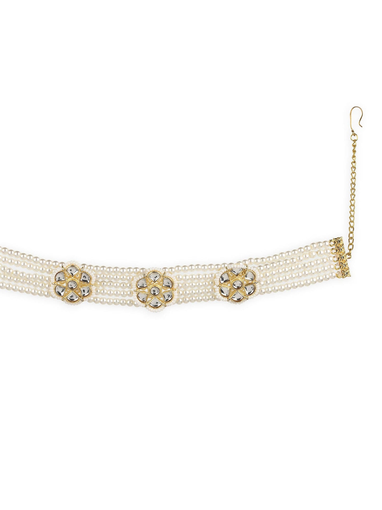 Gold-Polished White Kundan Studded Headband - Ruby Raang | Swadesiicart