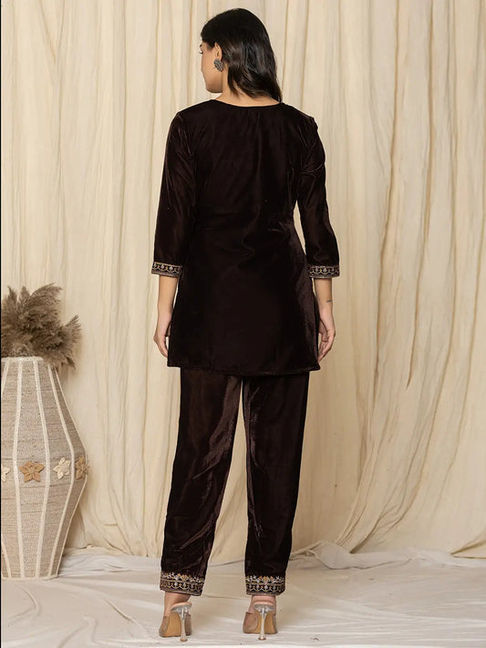 Yufta Coffee Brown Velvet Embroidered Co-Ord Set - Swadesiicart