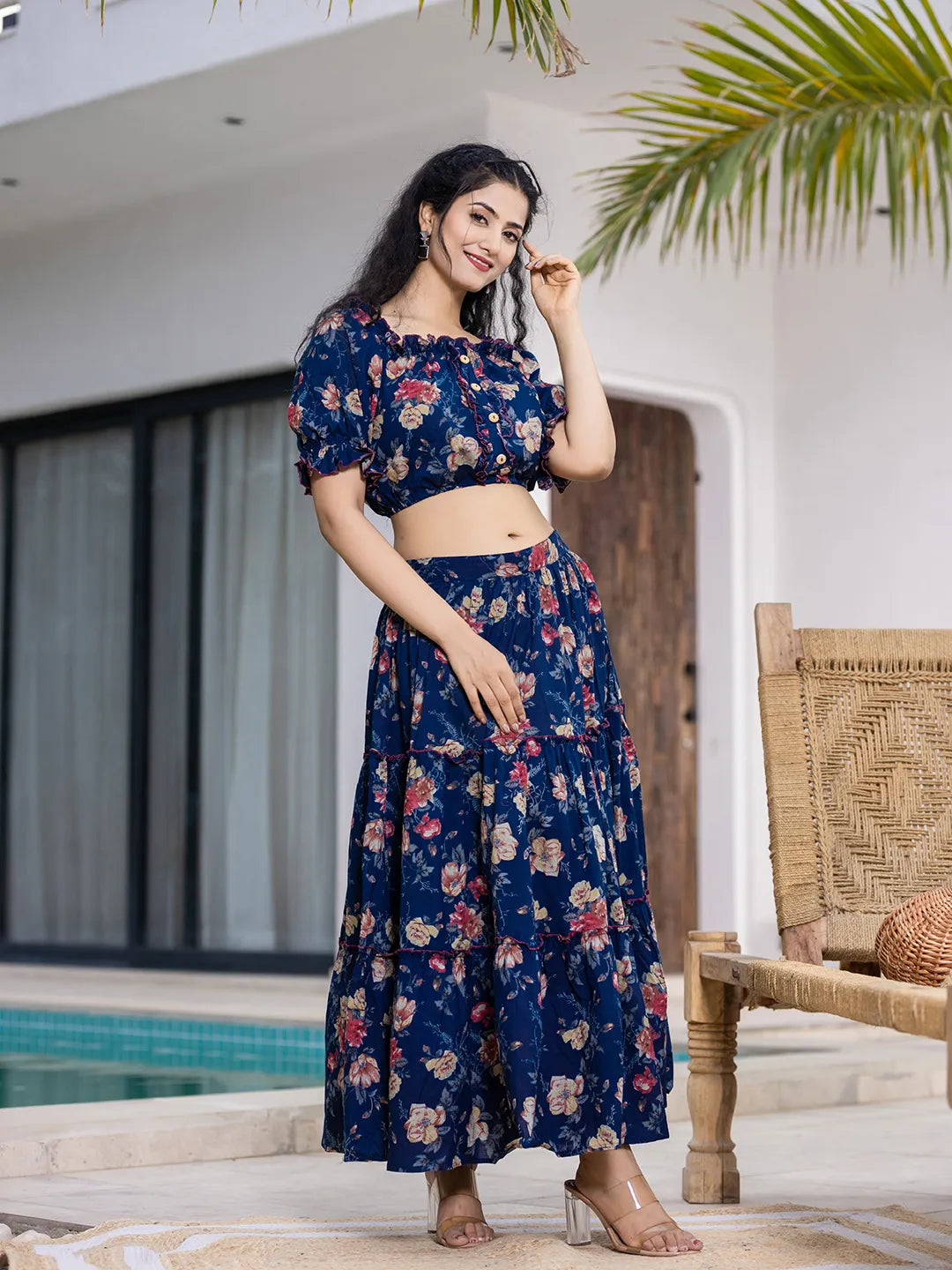 Yufta Cotton Blue Skirt Co-Ord Set - Swadesiicart