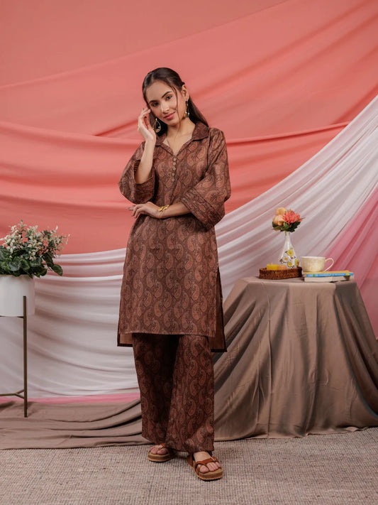 Yufta Cotton Brown Digital Printed Workwear Co-Ord Set With Pintuck Detailing On Flared Sleeves - Swadesiicart