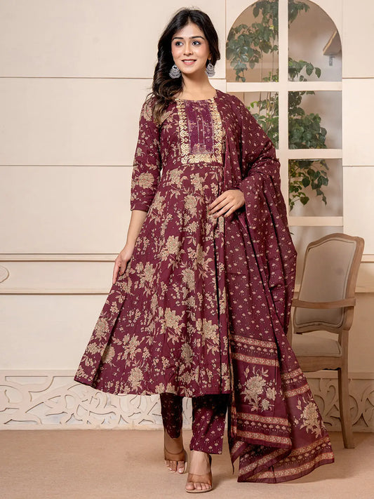 Yufta Cotton Burgundy Anarkali Dupatta Set - Swadesiicart