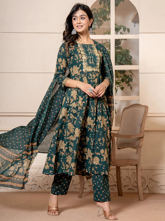 Yufta Cotton Green Anarkali Dupatta Set - Swadesiicart