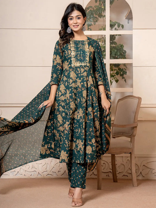 Yufta Cotton Green Anarkali Dupatta Set - Swadesiicart