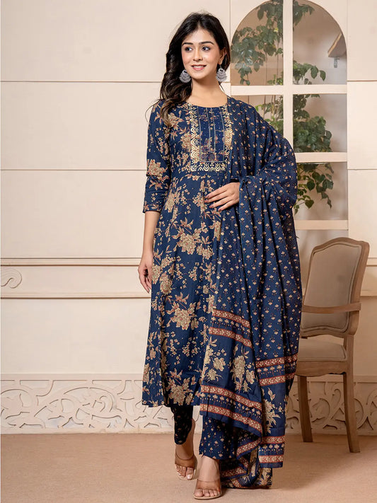 Yufta Cotton Navy Blue Anarkali Dupatta Set - Swadesiicart