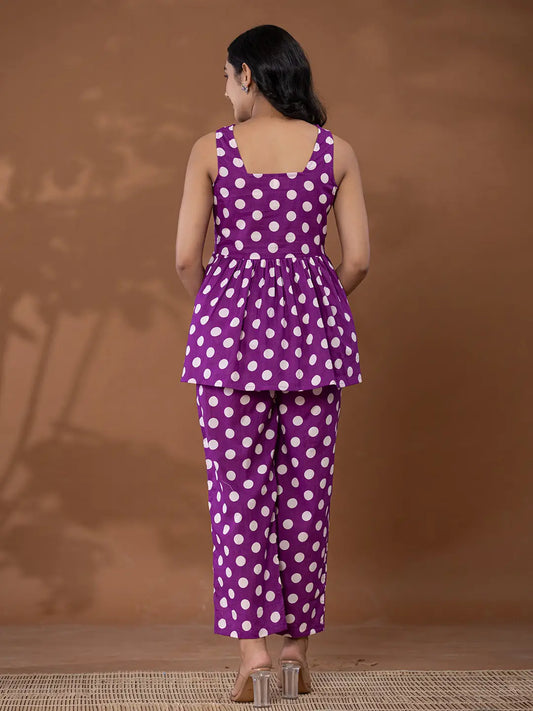 Yufta Cotton Purple Polka Dot Co-Ord Set - Swadesiicart