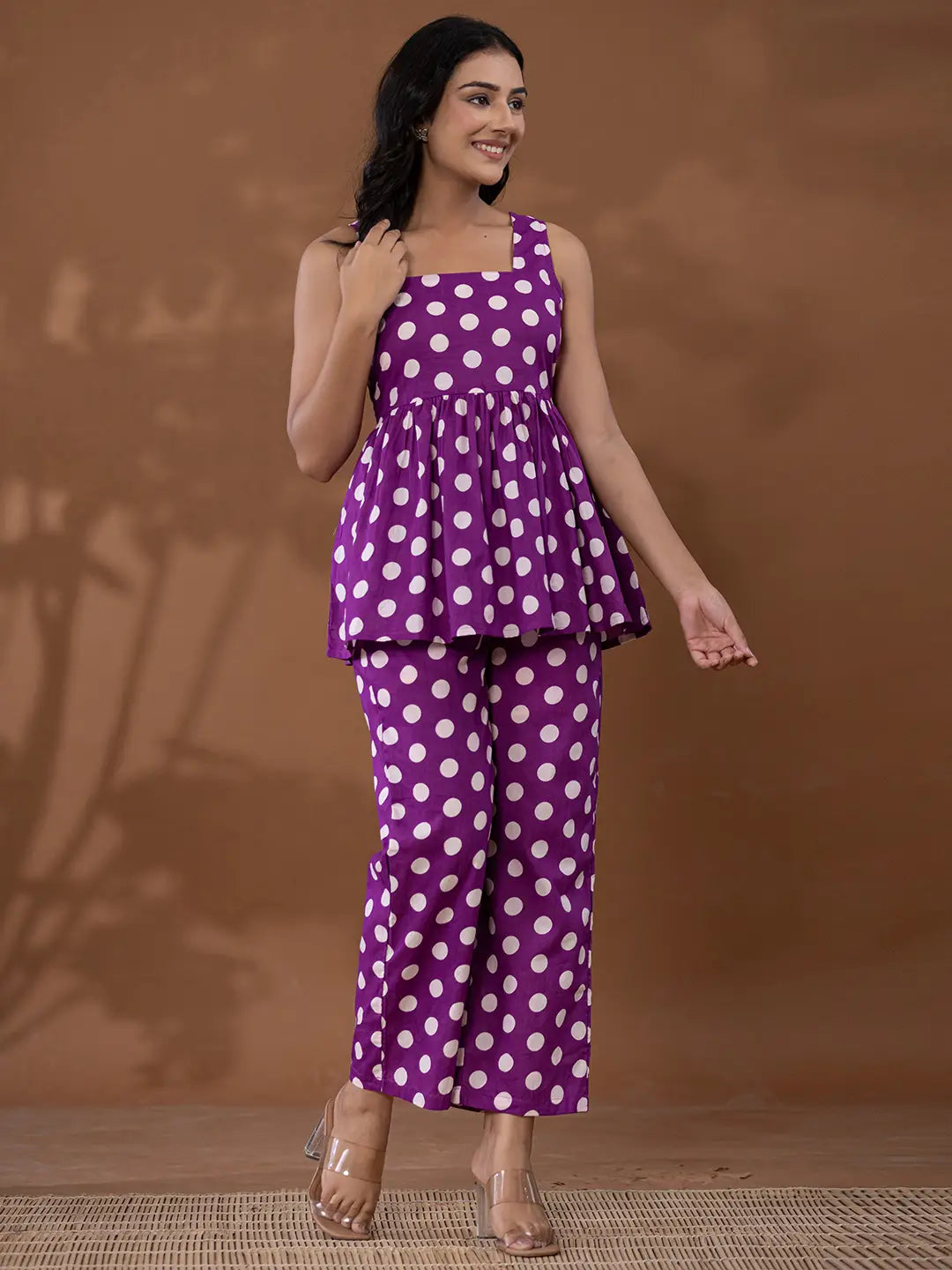 Yufta Cotton Purple Polka Dot Co-Ord Set - Swadesiicart