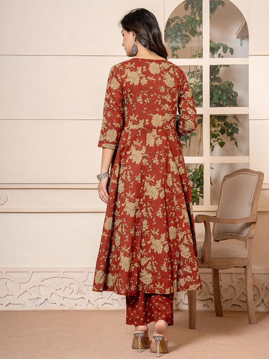 Yufta Cotton Red Anarkali Dupatta Set - Swadesiicart