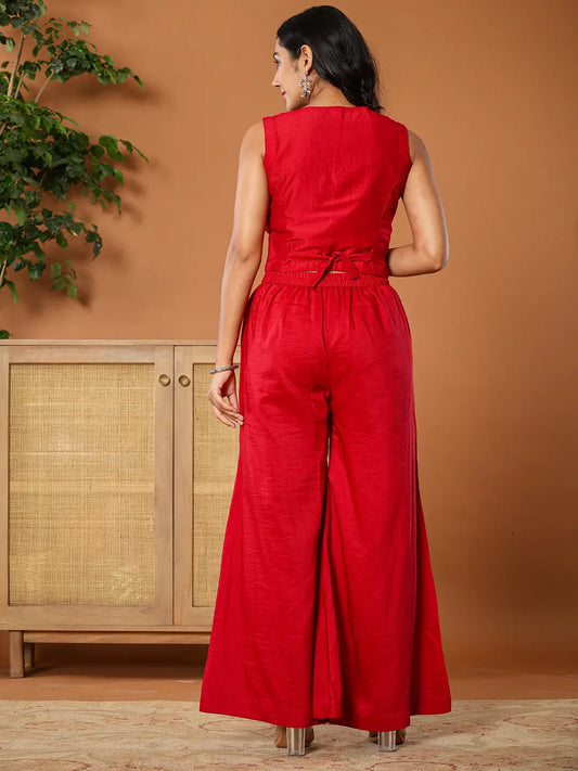 Yufta Cotton Silk Waist Coat Co-Ord Set With Attached Cotton Lining - Swadesiicart