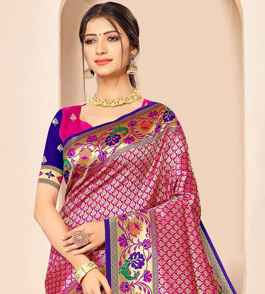Jaanvi Fashion Women's Rani Blue Banarasi Paithani Silk With Zari Jacquard Work Saree With Blouse Piece | Swadesiicart