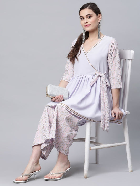 Ahalyaa Women Lavender Crepe Printed Kurta Palazzo Set | Swadesiicart
