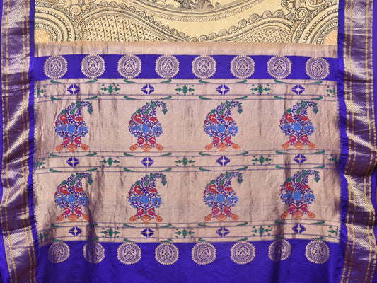 Cream and Blue Kalamkari Hand Painted Paithani Silk Handloom Saree with Ramayana Design - Global Threads | Swadesiicart