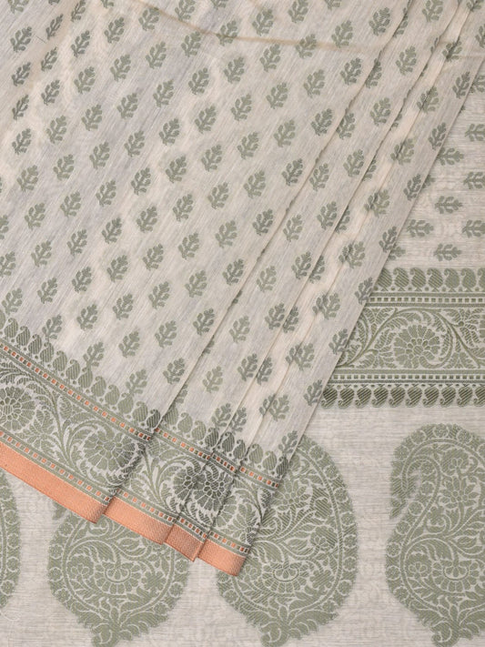 Cream and Light Green Cut Work Sico Cotton Saree with All Over and Border Design - Global Threads | Swadesiicart