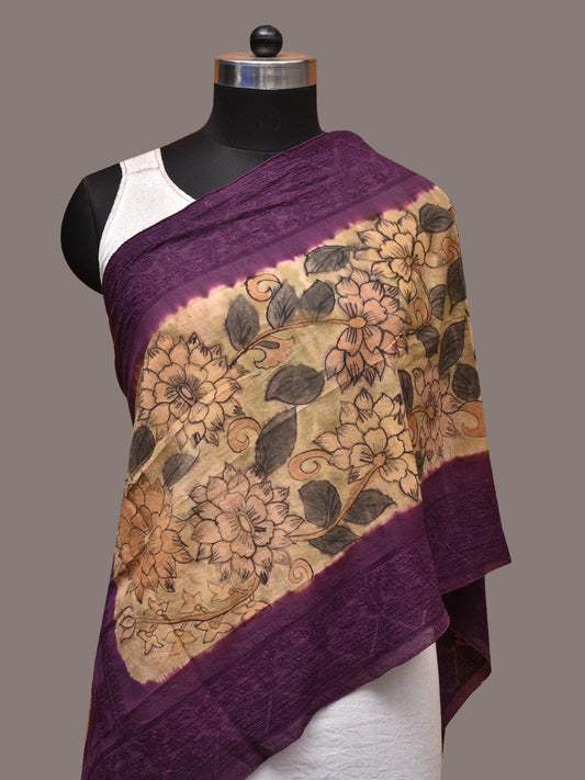 Cream and Purple Kalamkari Hand Painted Sico Stole with Floral and Embroidery Design - Global Threads | Swadesiicart