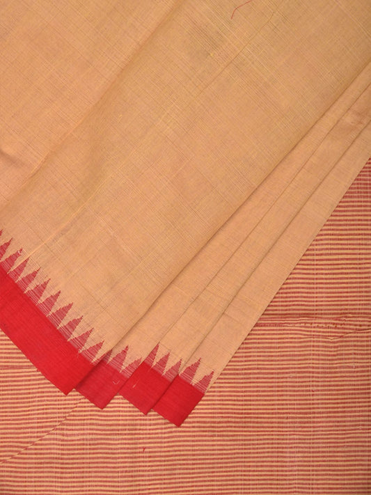 Cream and Red Khadi Cotton Handloom Saree Plain Saree with Strips Pallu Design - Global Threads | Swadesiicart