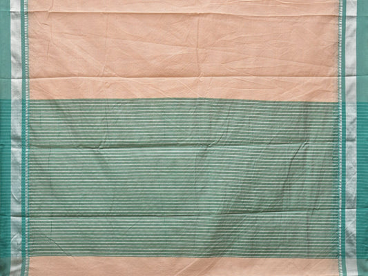 Cream and Turquoise Bamboo Cotton Saree with Strips Design No Blouse - Global Threads | Swadesiicart