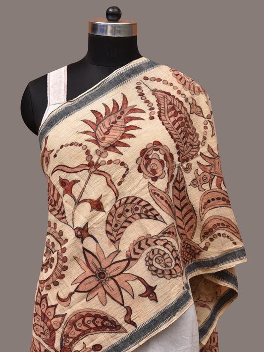 Cream Kalamkari Hand Painted Cotton Bhujodi Handloom Stole with Floral Design - Global Threads | Swadesiicart