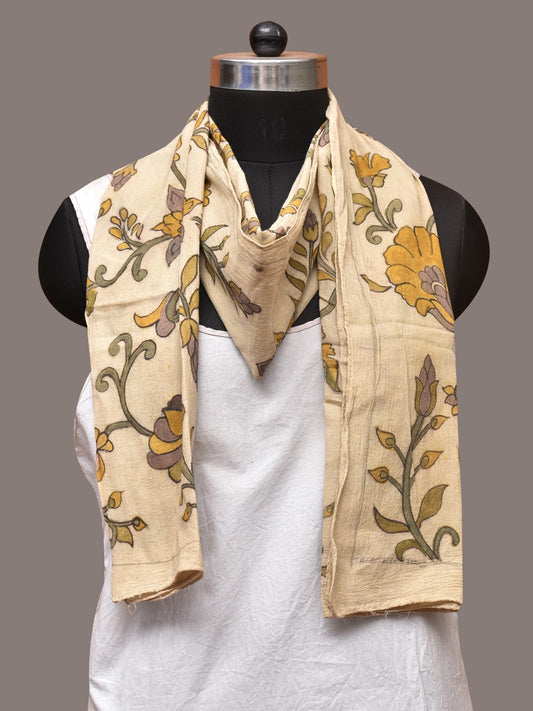 Cream Kalamkari Hand Painted Cotton Handloom Stole with Floral and Birds Design - Global Threads | Swadesiicart
