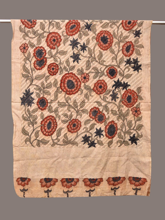 Cream Kalamkari Hand Painted Cotton Silk Dupatta with Floral Design - Global Threads | Swadesiicart
