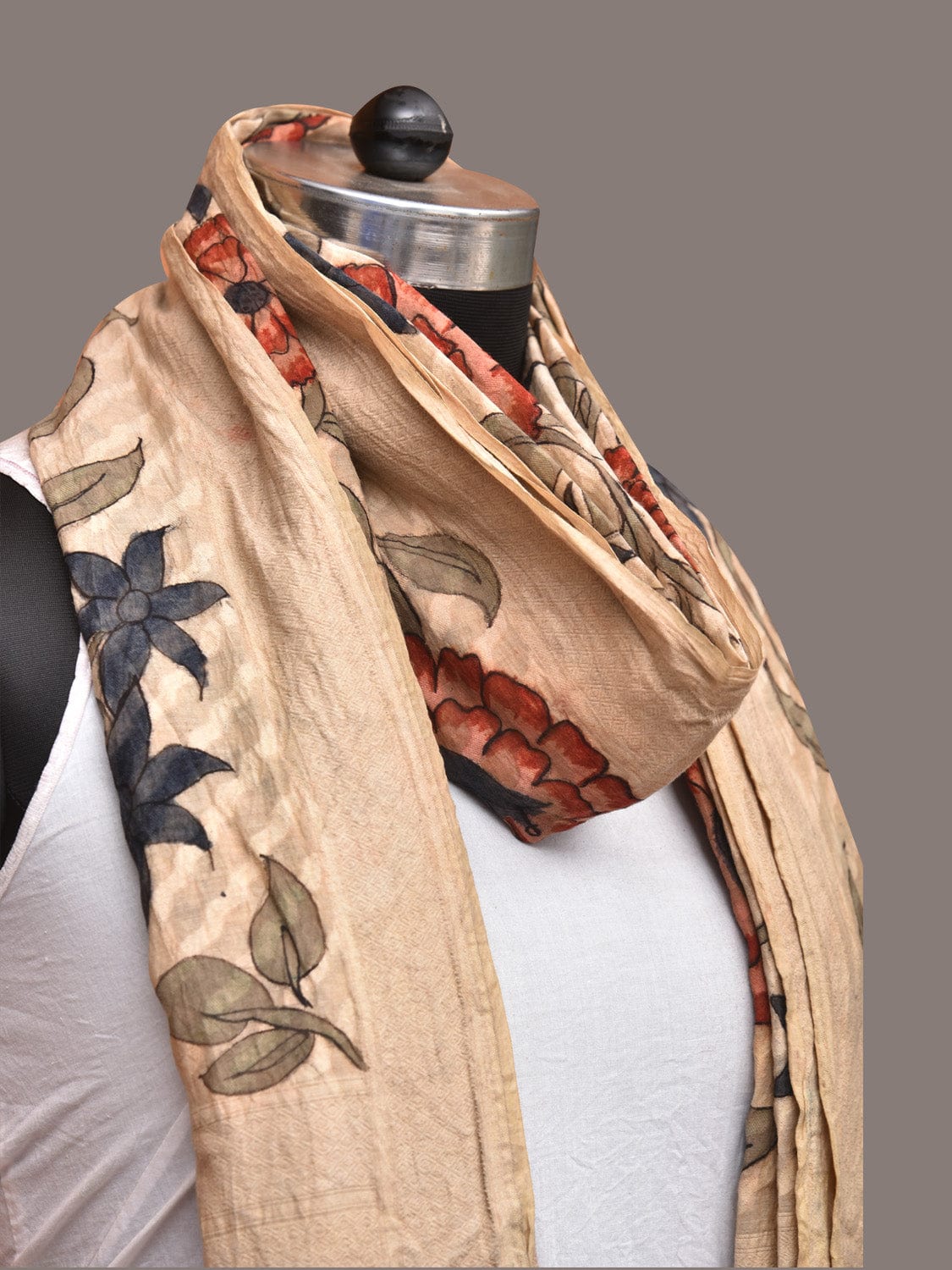 Cream Kalamkari Hand Painted Cotton Silk Dupatta with Floral Design - Global Threads | Swadesiicart