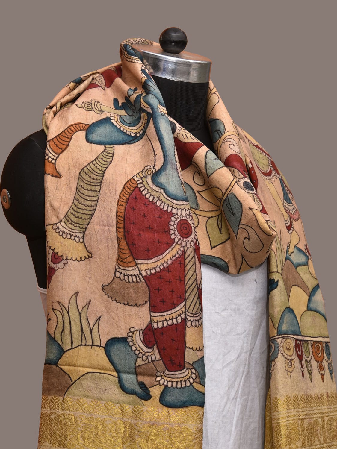 Cream Kalamkari Hand Painted Kanchipuram Silk Handloom Dupatta with Krishna and Radha Design - Global Threads | Swadesiicart