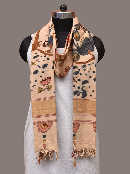 Cream Kalamkari Hand Painted Khadi Cotton Handloom Dupatta with Tree of Life Design - Global Threads | Swadesiicart
