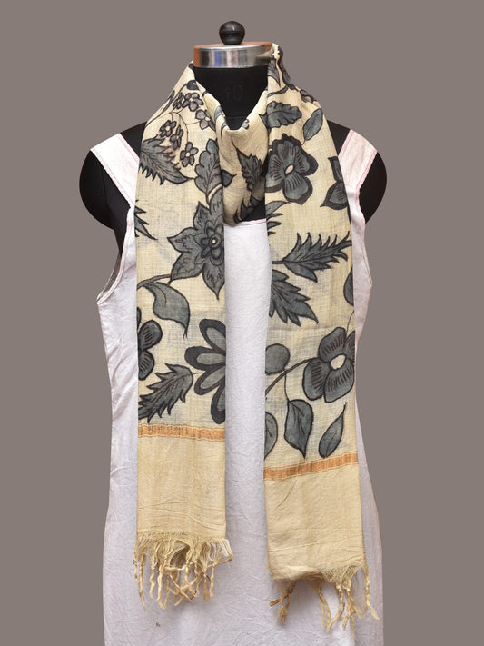 Cream Kalamkari Hand Painted Kota Silk Dupatta with Floral and Birds Design - Global Threads | Swadesiicart