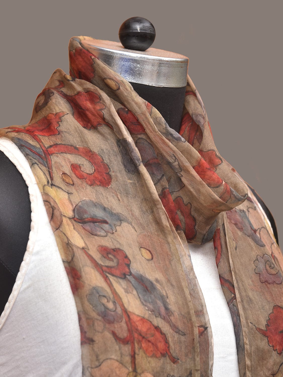 Cream Kalamkari Hand Painted Organza Stole with Floral Design - Global Threads | Swadesiicart