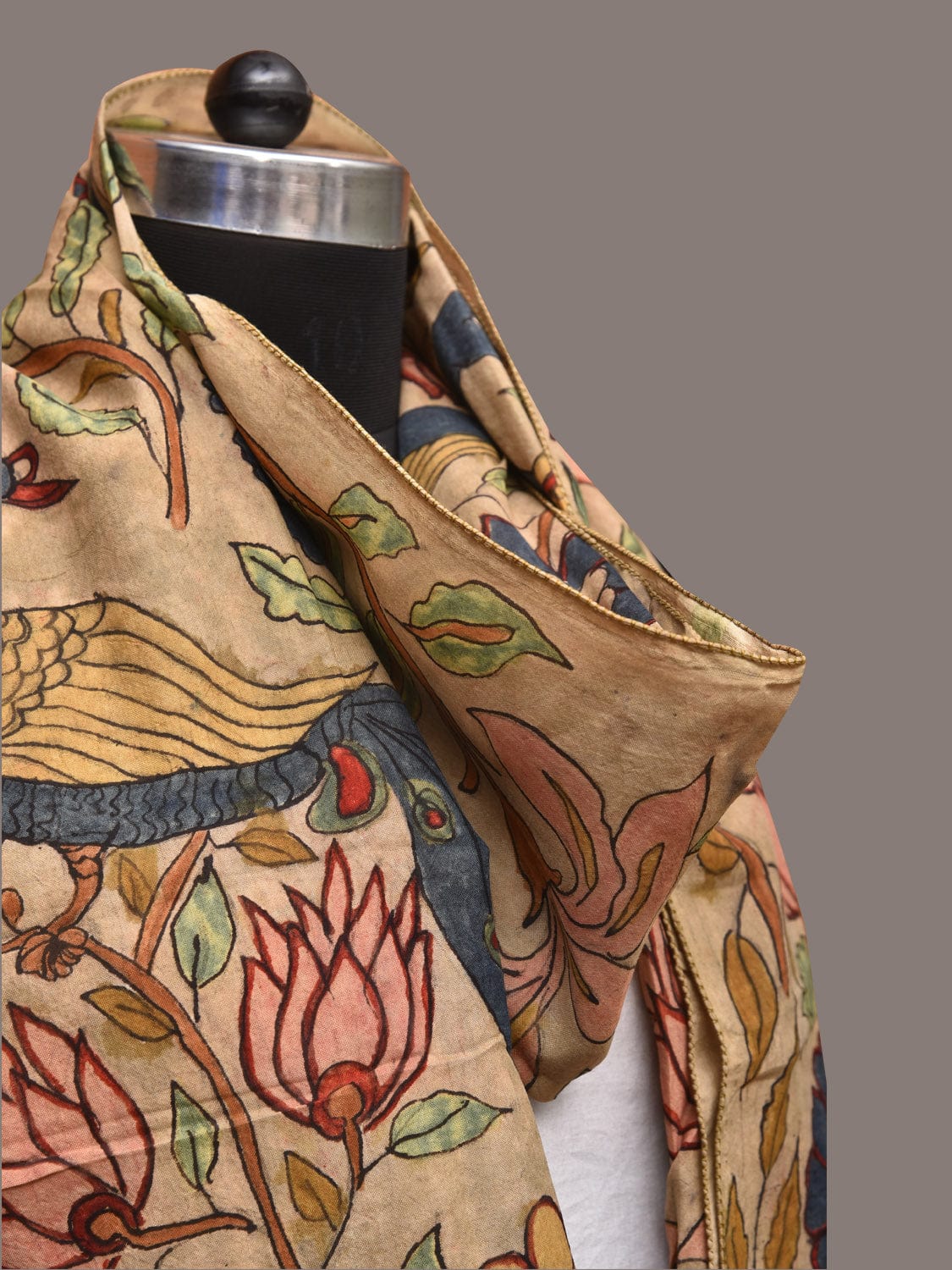 Cream Kalamkari Hand Painted Sico Stole with Floral and Peacocks Design - Global Threads | Swadesiicart