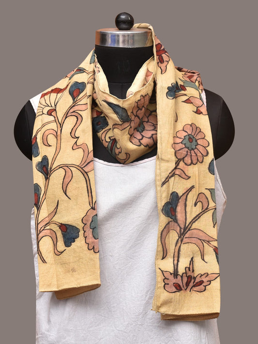 Cream Kalamkari Hand Painted Sico Stole with Floral Design - Global Threads | Swadesiicart