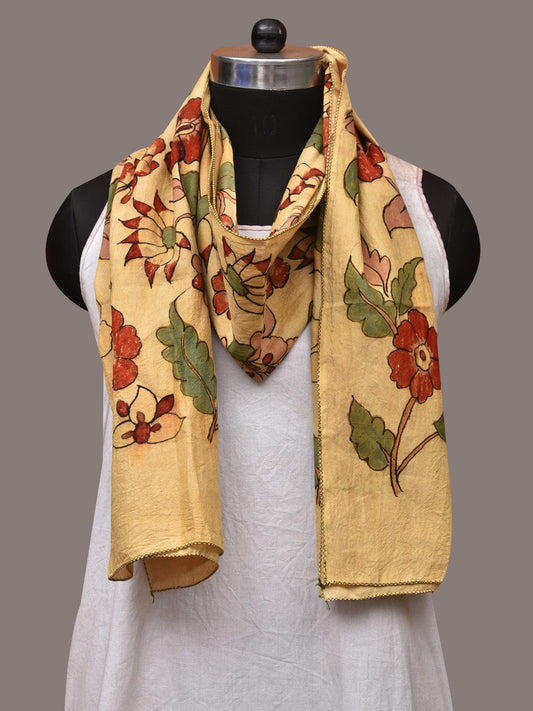 Cream Kalamkari Hand Painted Sico Stole with Floral Design - Global Threads | Swadesiicart