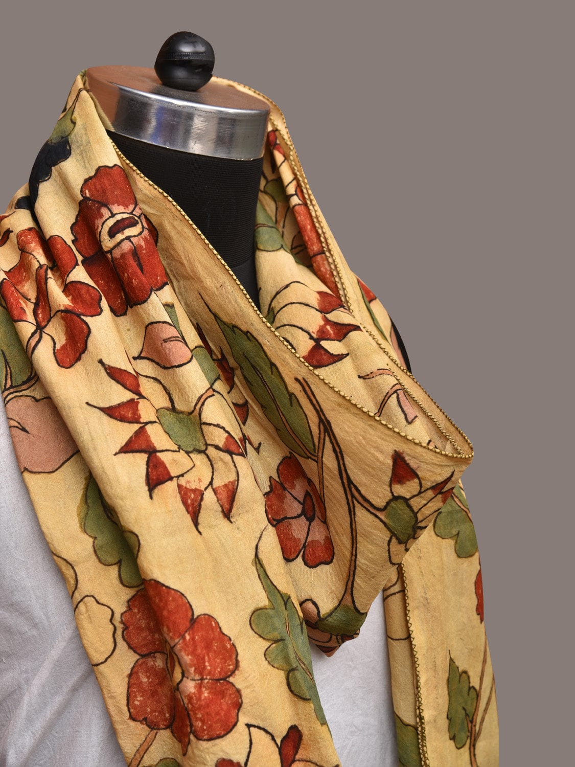 Cream Kalamkari Hand Painted Sico Stole with Floral Design - Global Threads | Swadesiicart