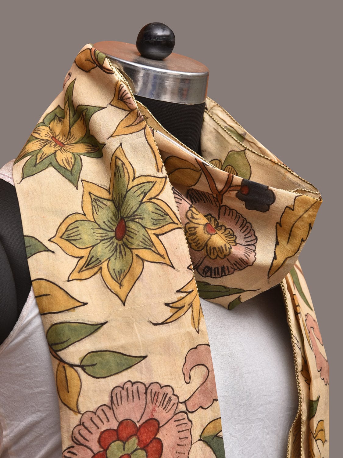Cream Kalamkari Hand Painted Sico Stole with Floral Design - Global Threads | Swadesiicart