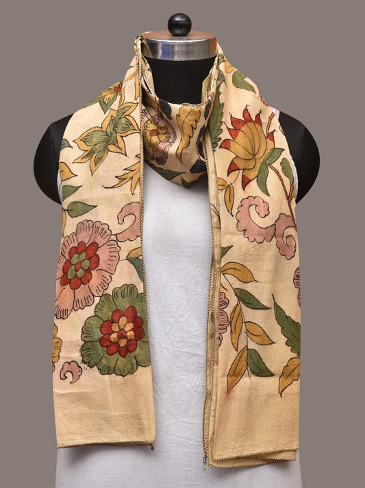 Cream Kalamkari Hand Painted Sico Stole with Floral Design - Global Threads | Swadesiicart