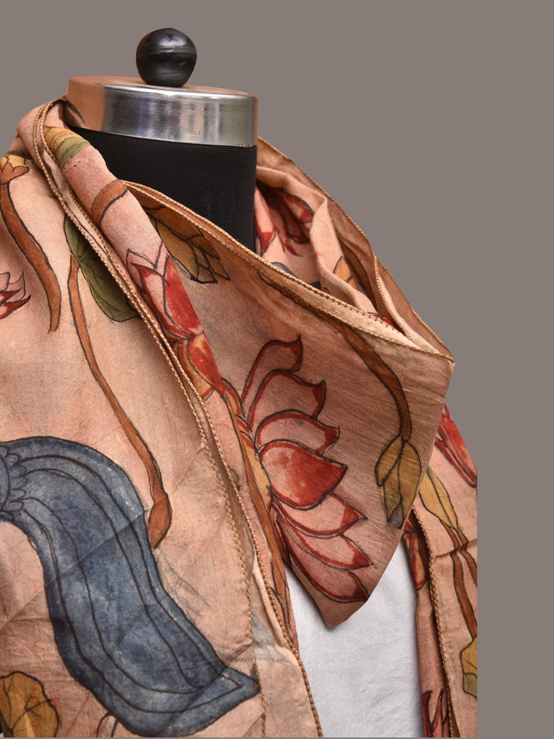 Cream Kalamkari Hand Painted Sico Stole with Lotus and Peacocks Design - Global Threads | Swadesiicart