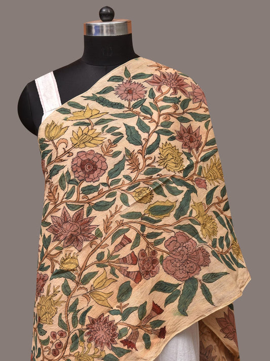 Cream Kalamkari Hand Painted Sico Stole with Tree of Life Design - Global Threads | Swadesiicart