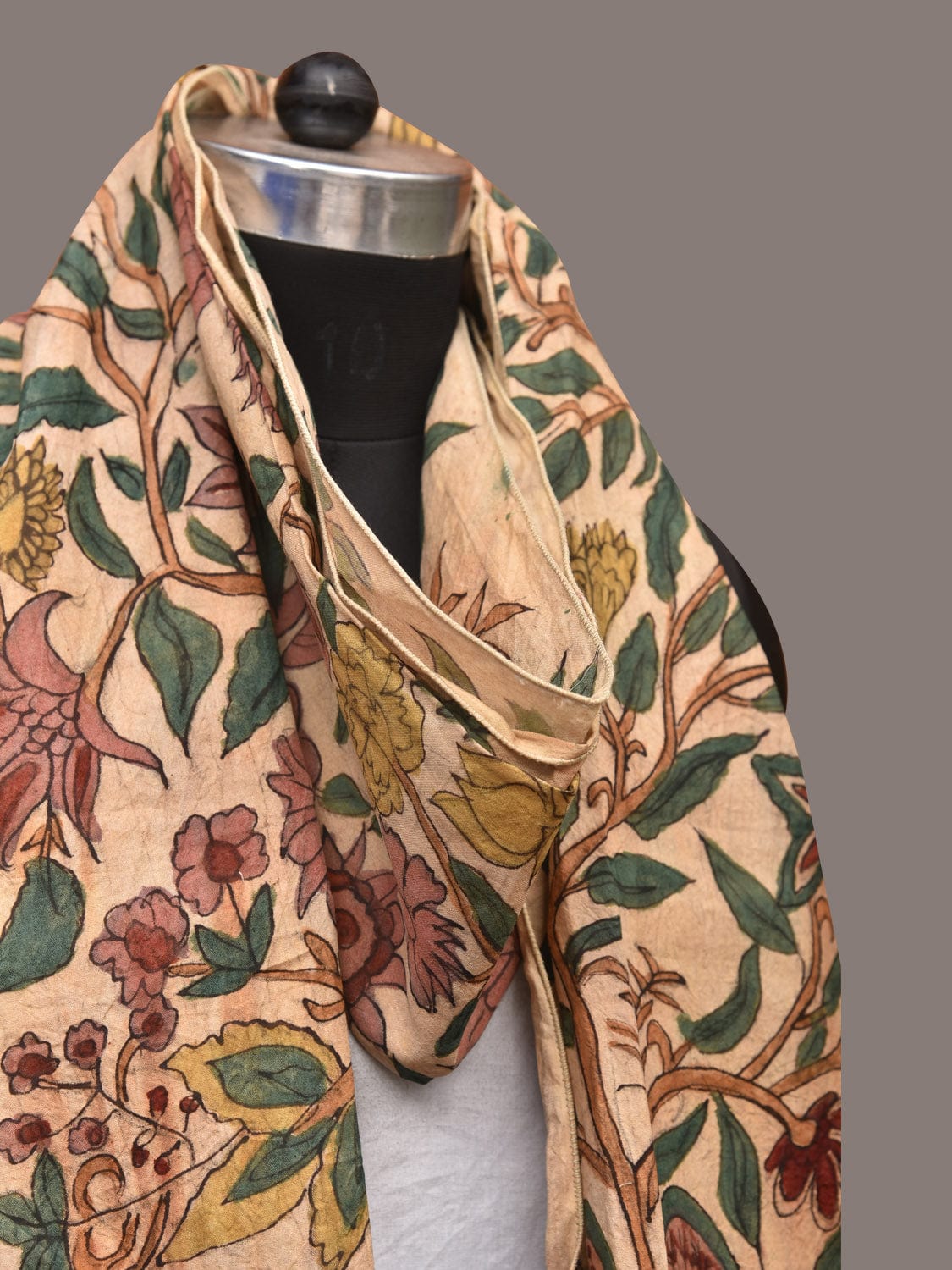 Cream Kalamkari Hand Painted Sico Stole with Tree of Life Design - Global Threads | Swadesiicart
